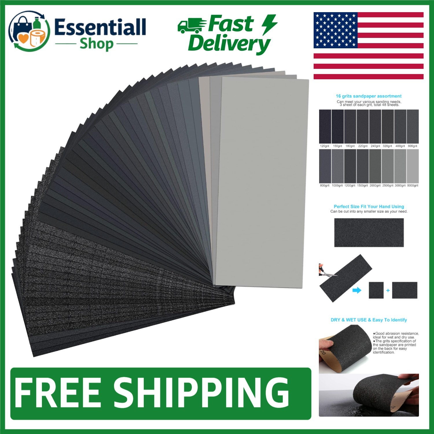 48 PCS Wet Dry Sandpaper Assortment, 120-5000 Grit, 9×3.6 Inch Sheets
