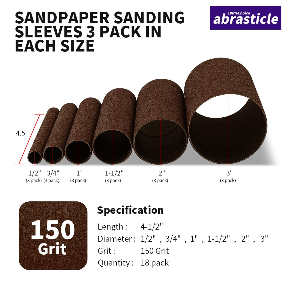 18 Pack Spindle Sander Sleeves, Sanding Sleeves for Oscillating Sander, 150 Grit