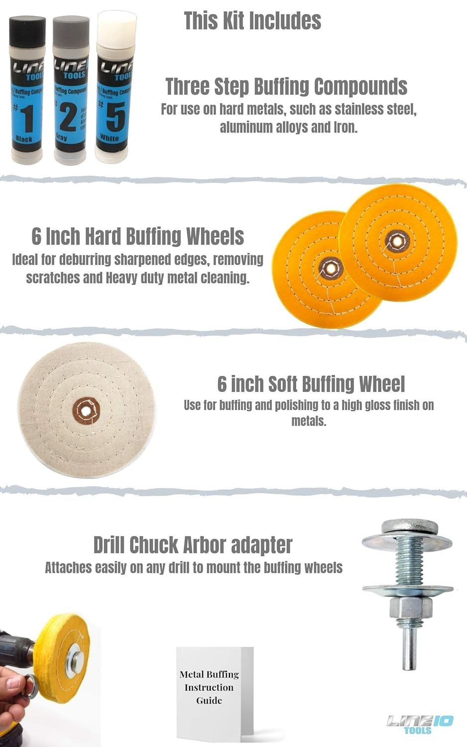 6 Inch Buffing Wheel Kit for Bench Grinder and Drill with 3 Step Hard Metal Poli