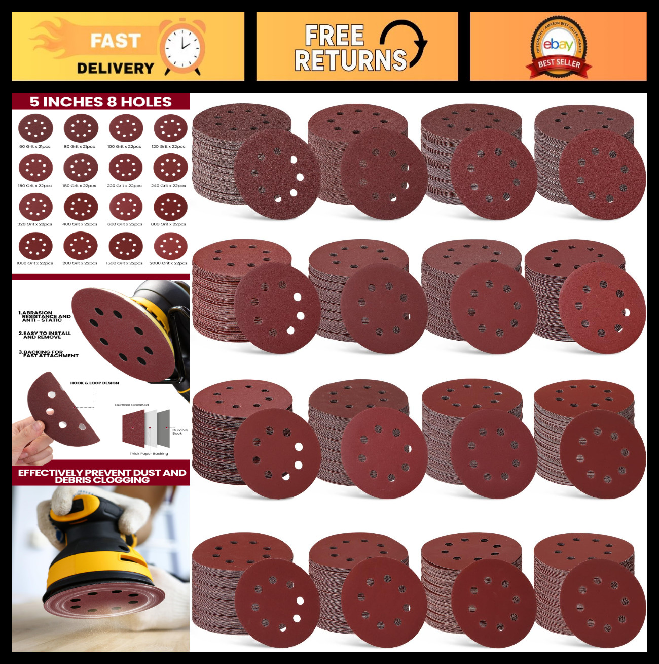 350 Pcs 5″ Hook & Loop Sanding Discs for Random Orbital Sander – 60-600 Grits, 1