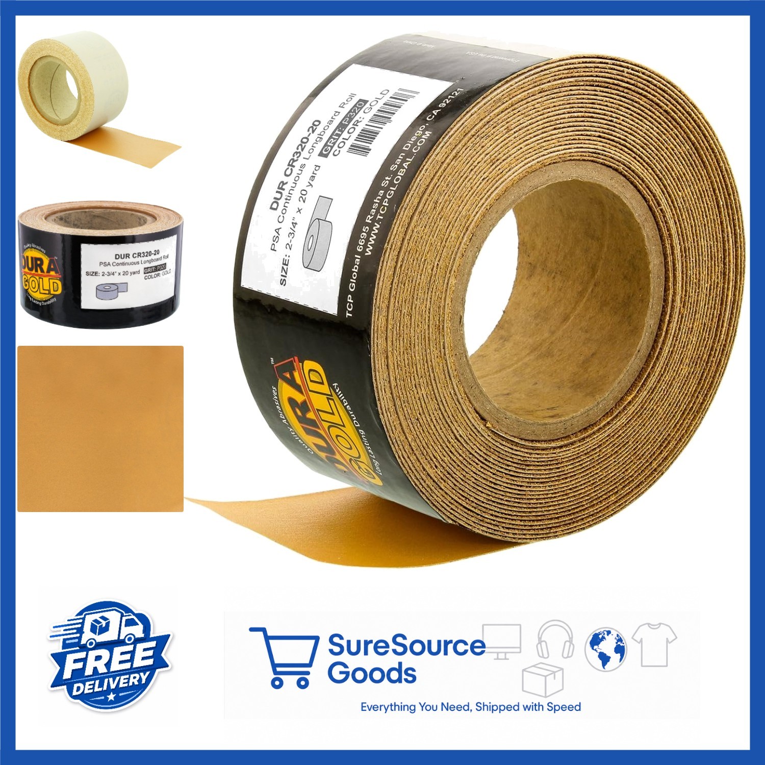 320 Grit Gold Sandpaper Roll 20 Yards PSA Stickyback for Auto & Woodworking