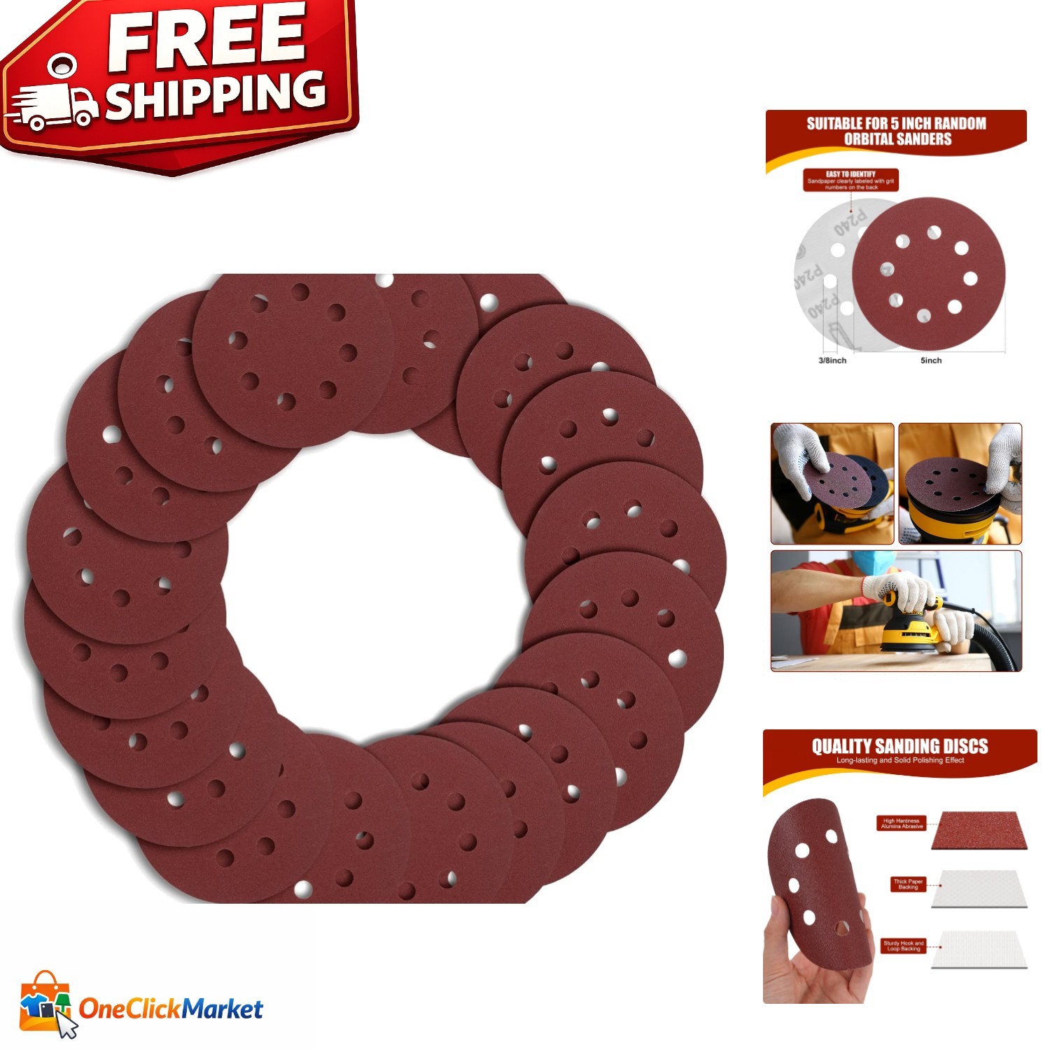 20 PCS 5-Inch 240 Grit Hook & Loop Sanding Discs for Orbital Sanders