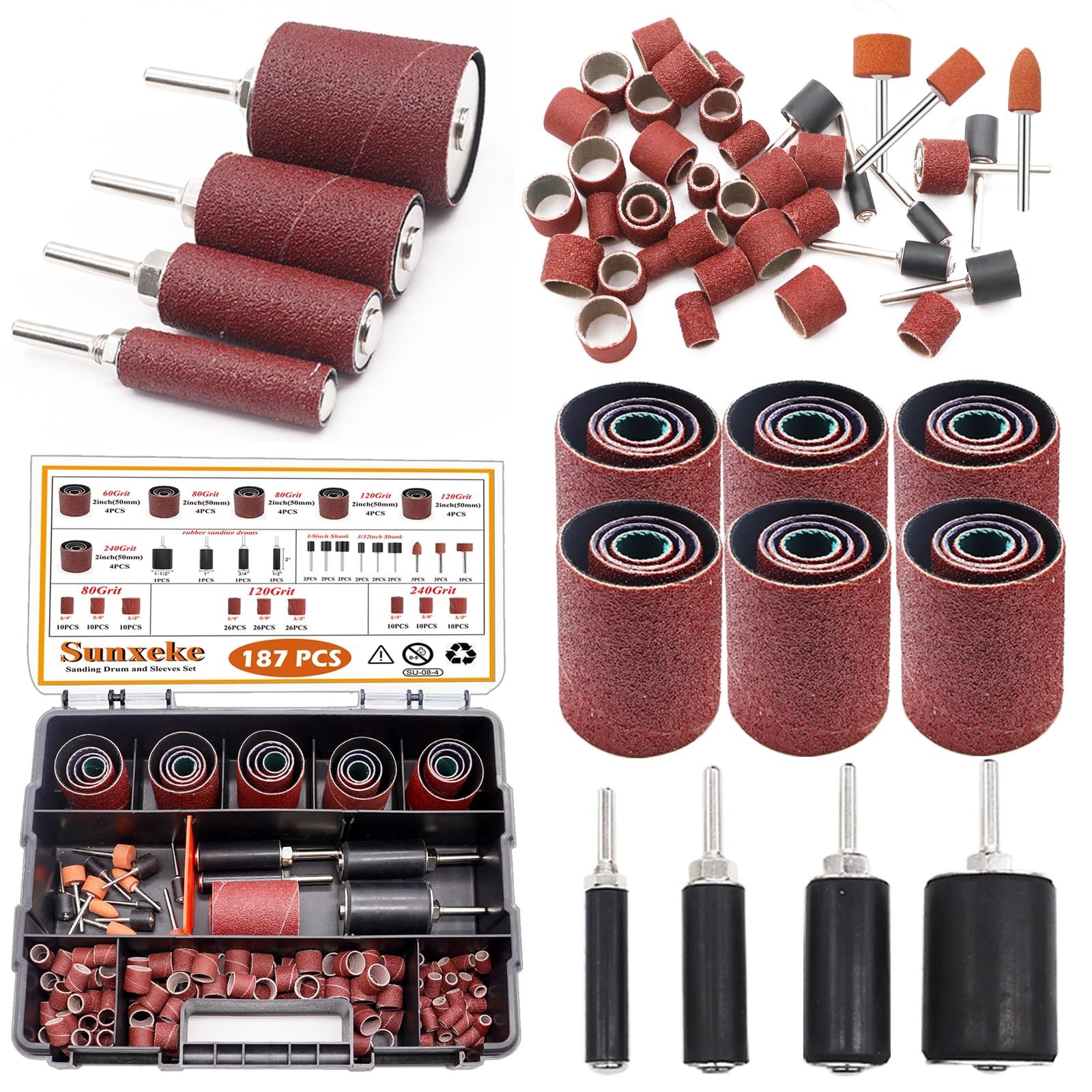 187-Piece Sanding Drum Kit for Drill Press – 2″ Sleeves, Rubber Drums, 1/4″ Shan