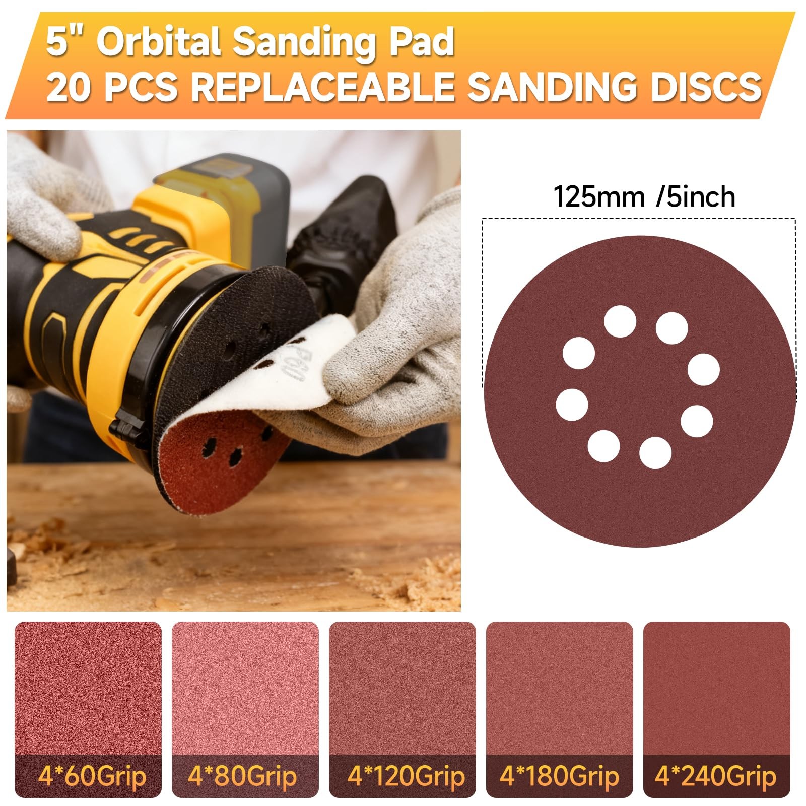 5-Inch Random Orbital Sander, 5 inch orbital sander, Black and Yellow