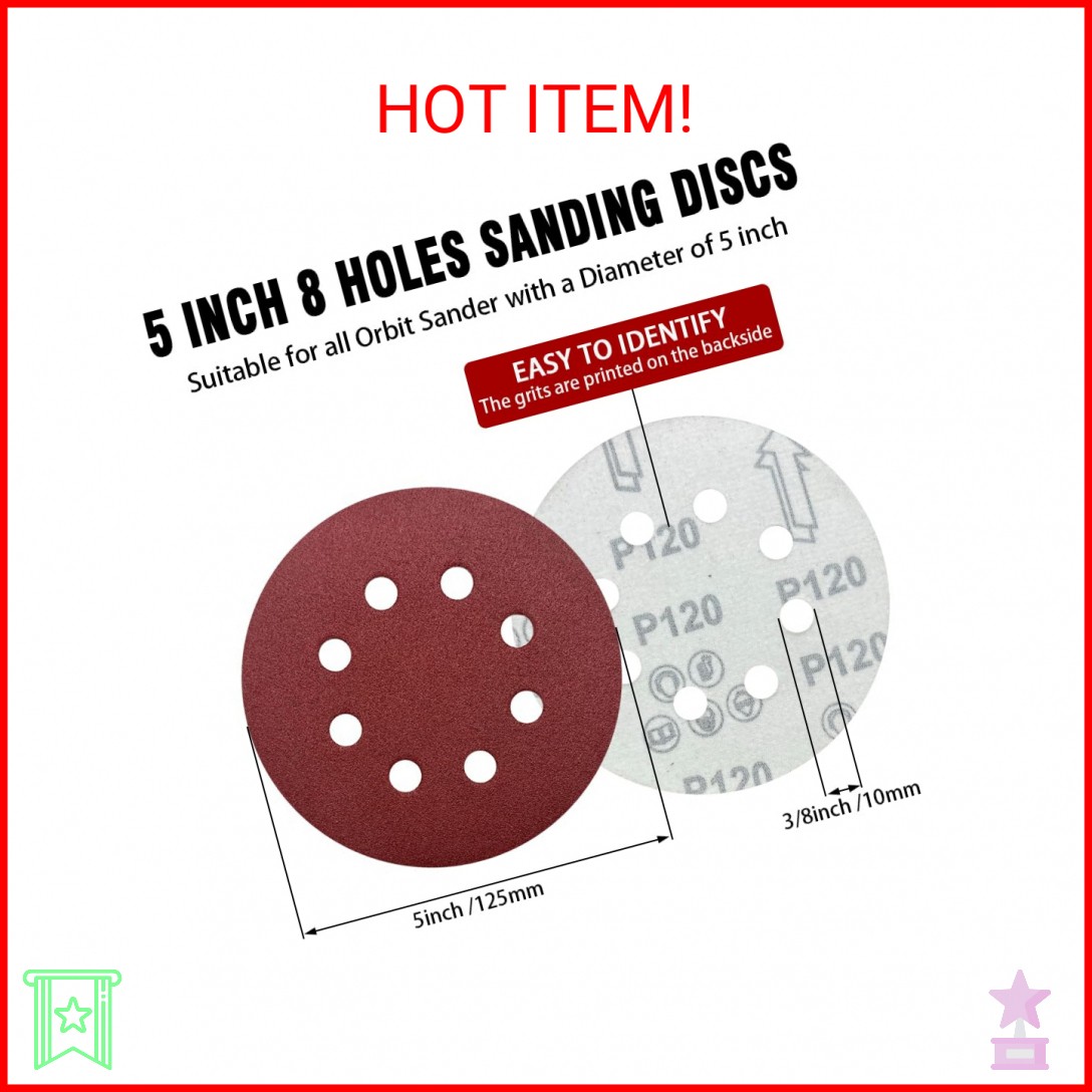 52 Pack 5 Inch 8-Hole Hook and Loop Sanding Discs Sandpaper Red Round 60 80 120