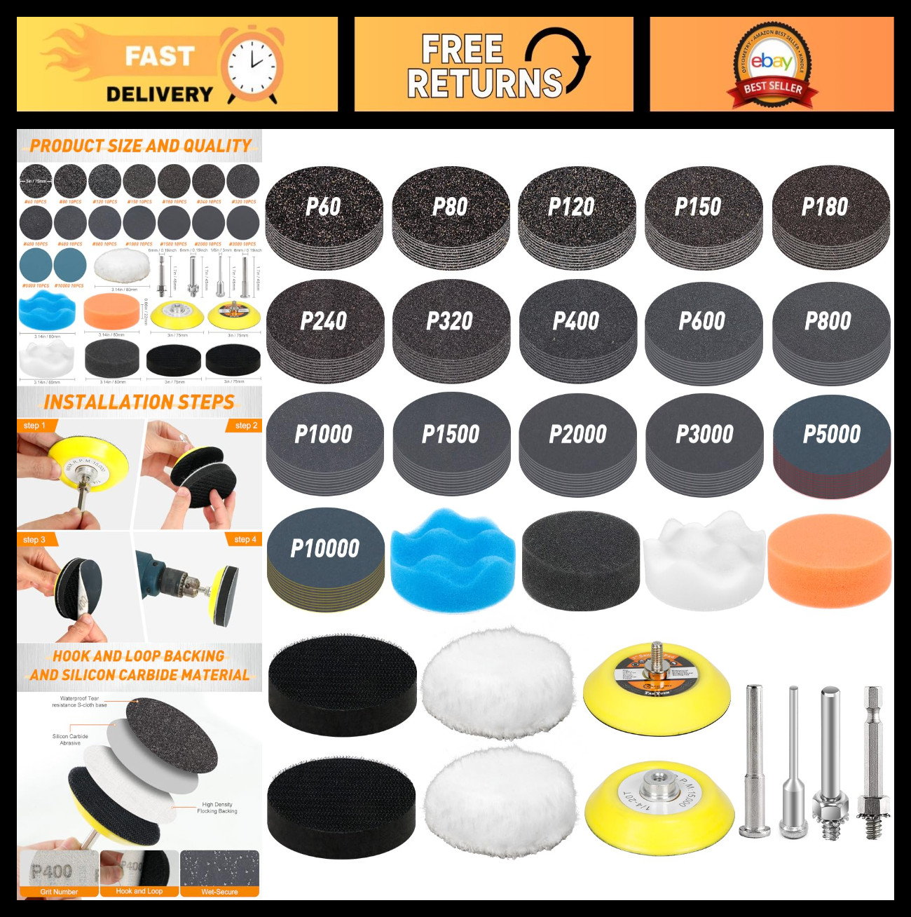 174 PCS Wet Dry Sanding Discs 3 Inch Grit 60-10000 Hook & Loop for Drill Use
