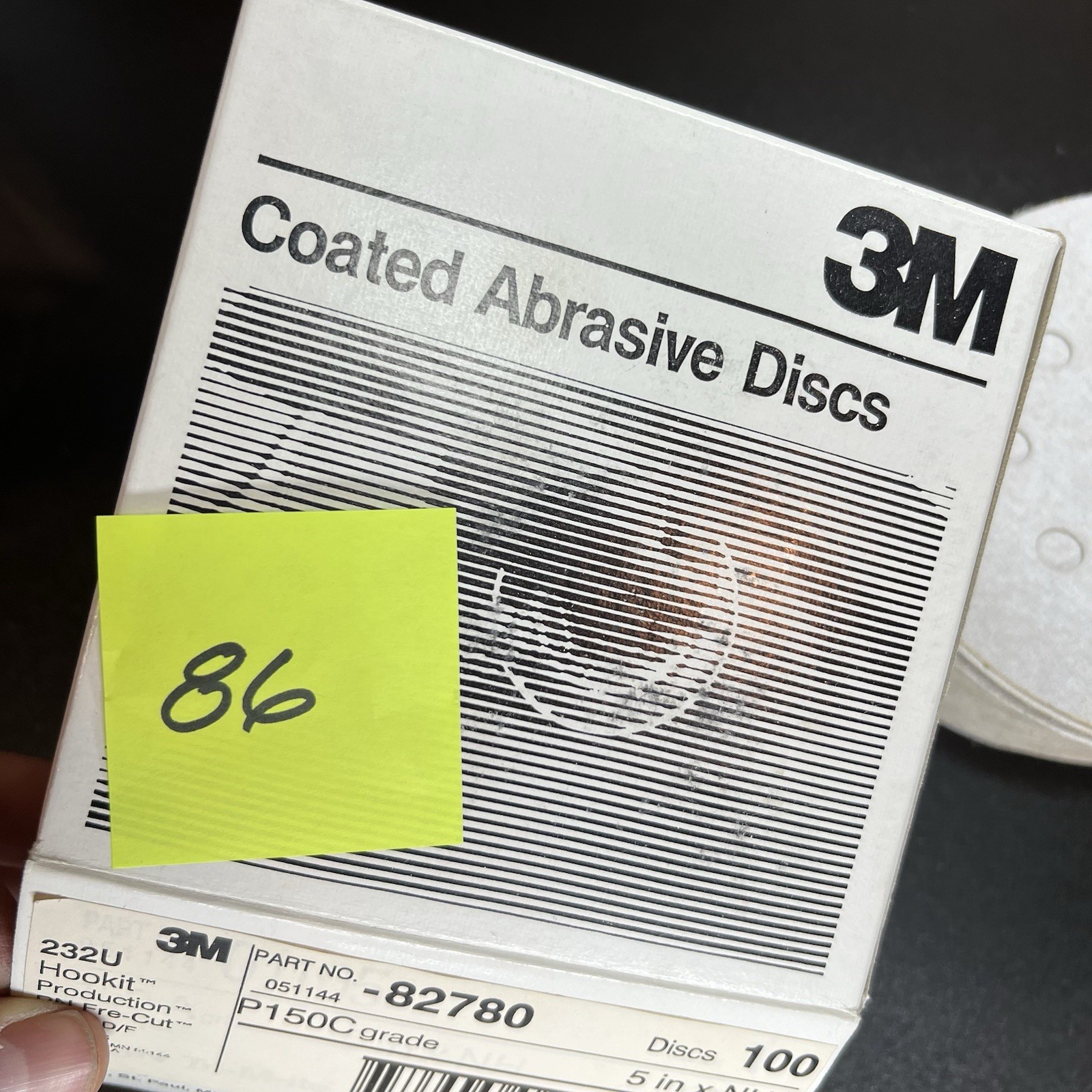 3M Abrasive Discs #82780, 232U Hookit RN Fre-Cut P150C 5″xNH, NOS box of 86/100