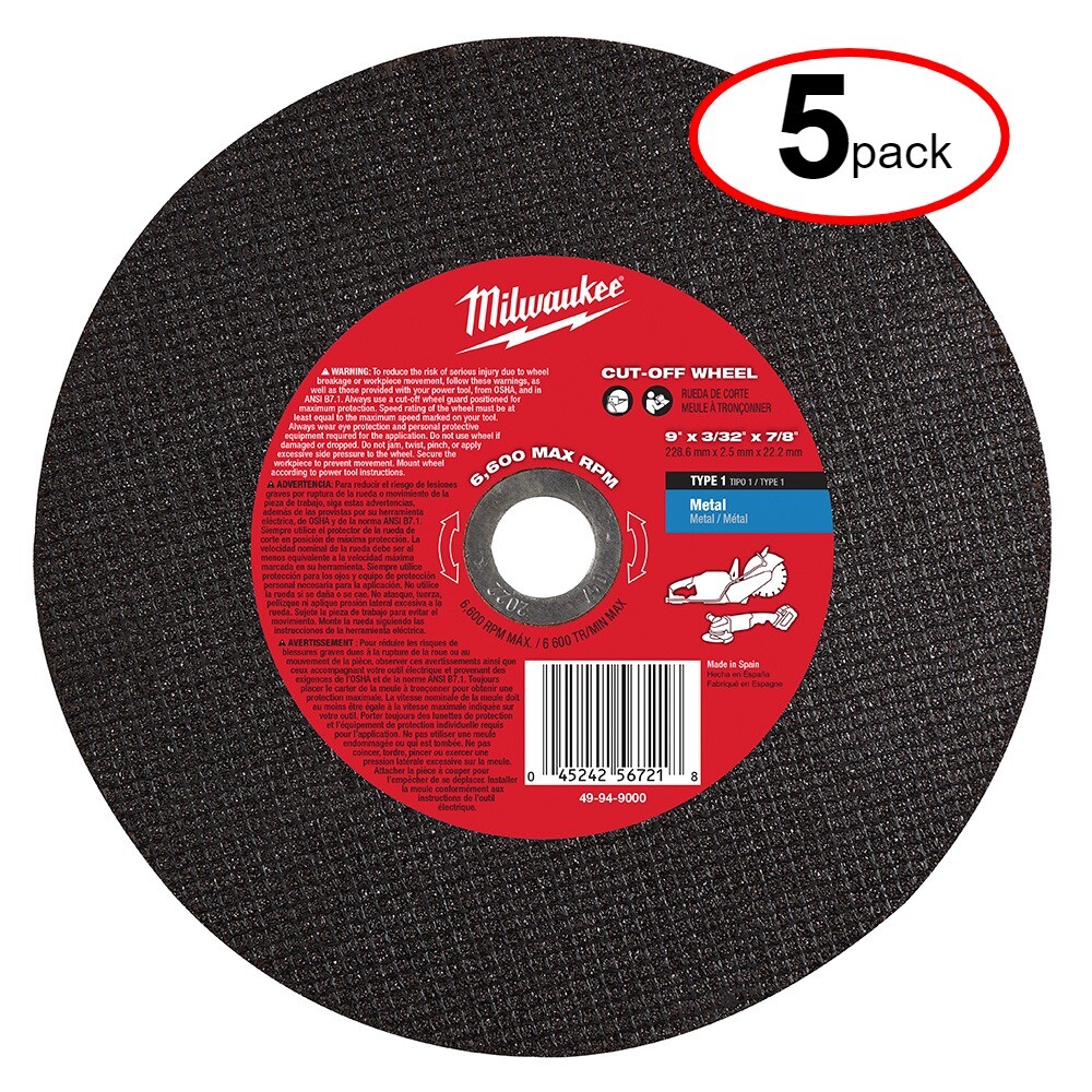 Milwaukee 49-94-9000 9″ X 3/32″ X 7/8″ METAL CUT-OFF WHEEL – (5Pack)