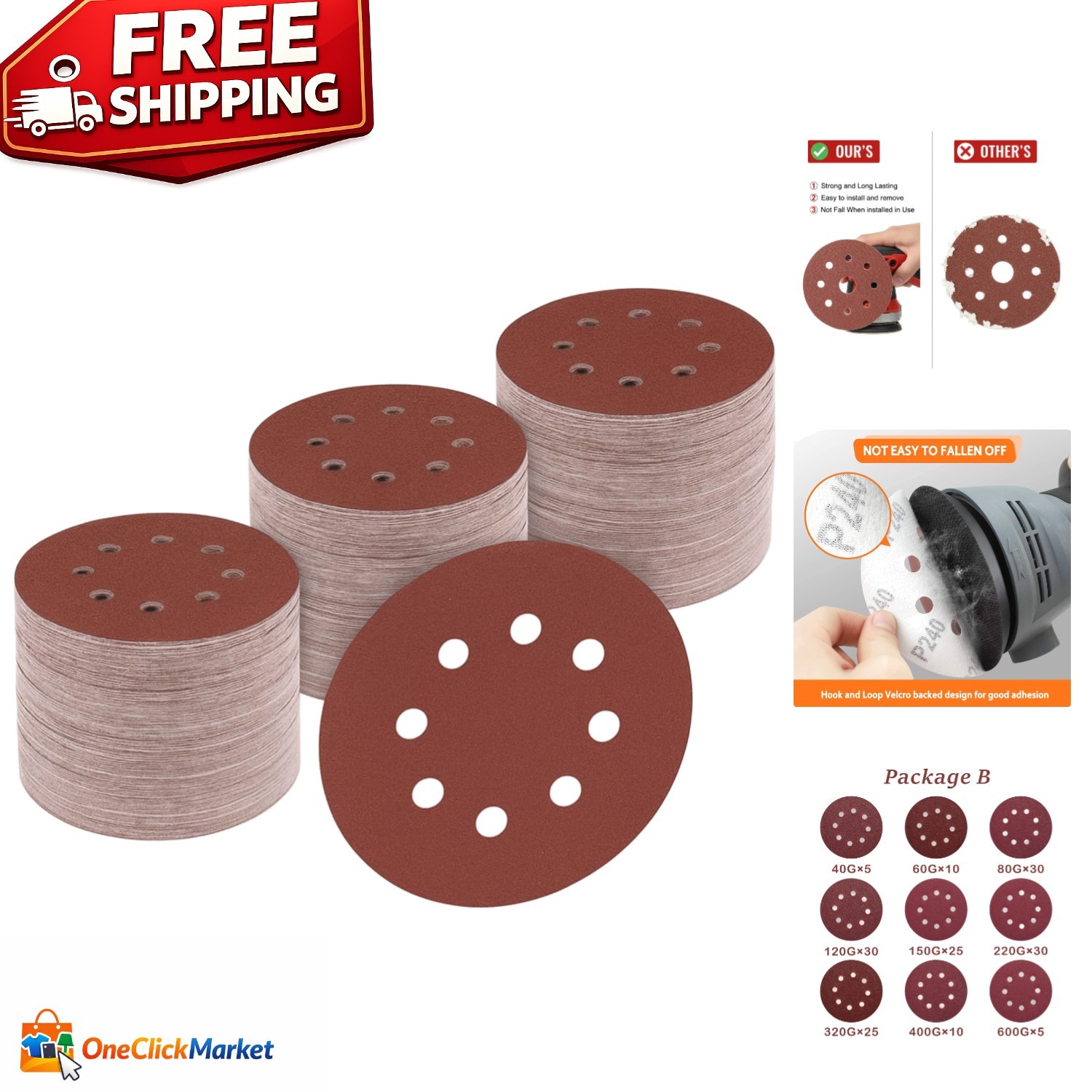 170PCS Assorted 5-Inch Sanding Discs with 8-Hole Hook-and-Loop for Professionals