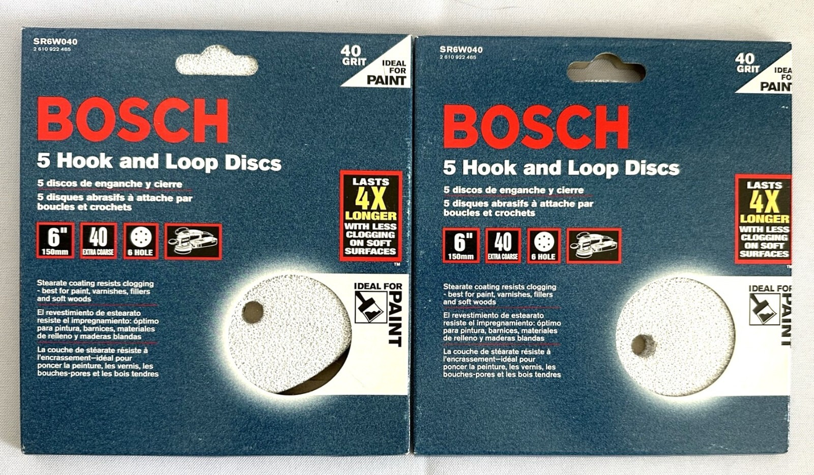 10 BOSCH 6″ 6 HOLE HOOK & LOOP SANDING DISCS 40 GRIT 2 PACKS OF 5 SR6W040