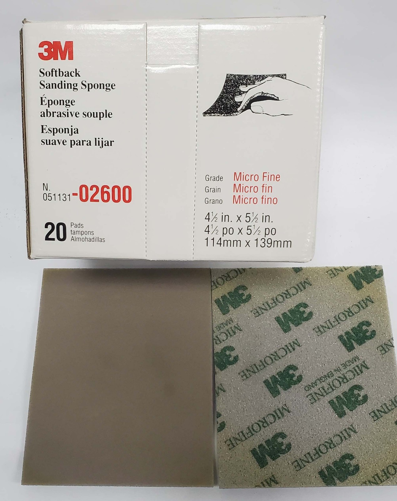 3M 02600 microfine 1200-1500 soft back sanding sponge 4-1/2″ x 5-1/2″ 20/box