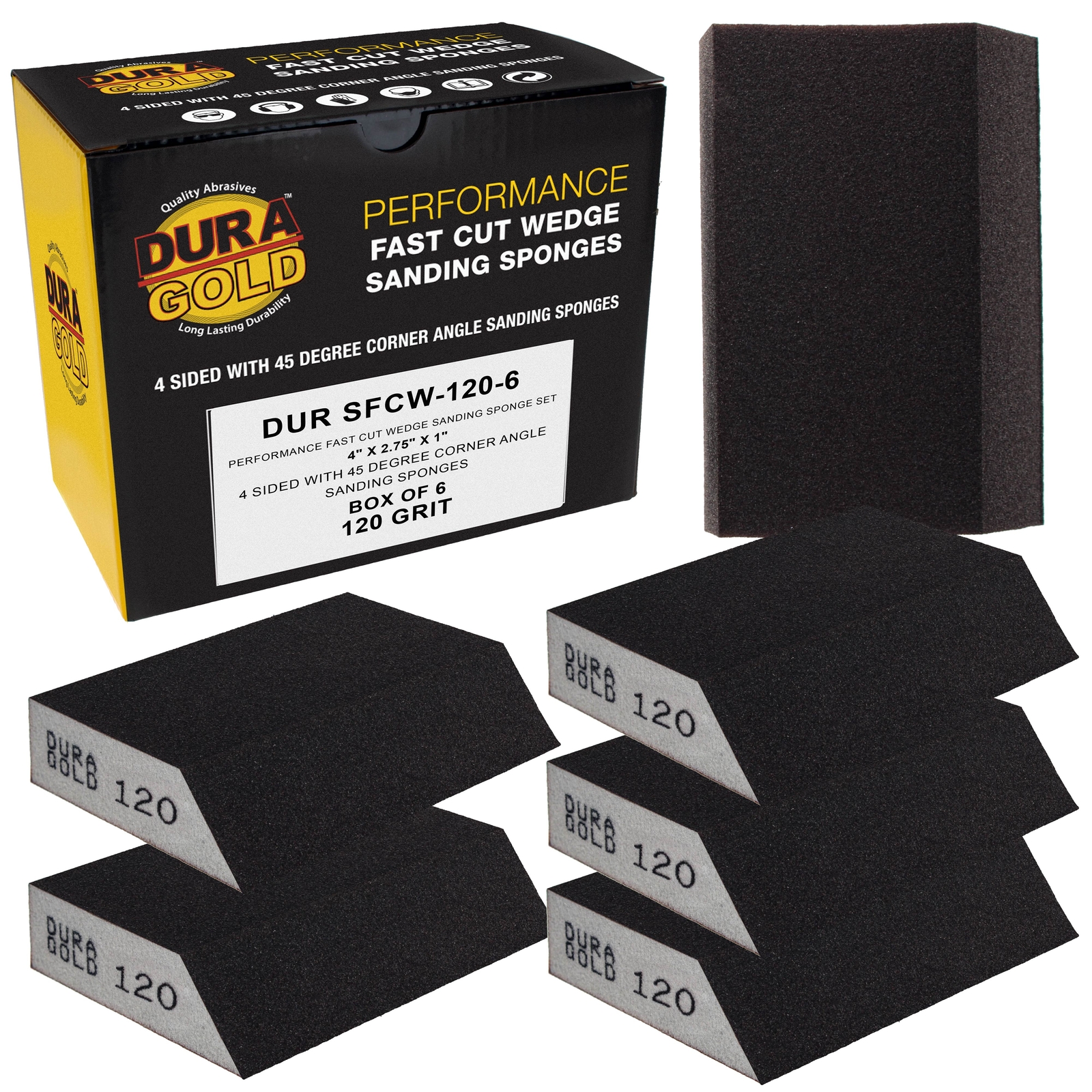 120 Grit Hand Sanding Block Sponges Angled Edge, Box of 6 – 3.9″ x 2.75″ Wet/Dry
