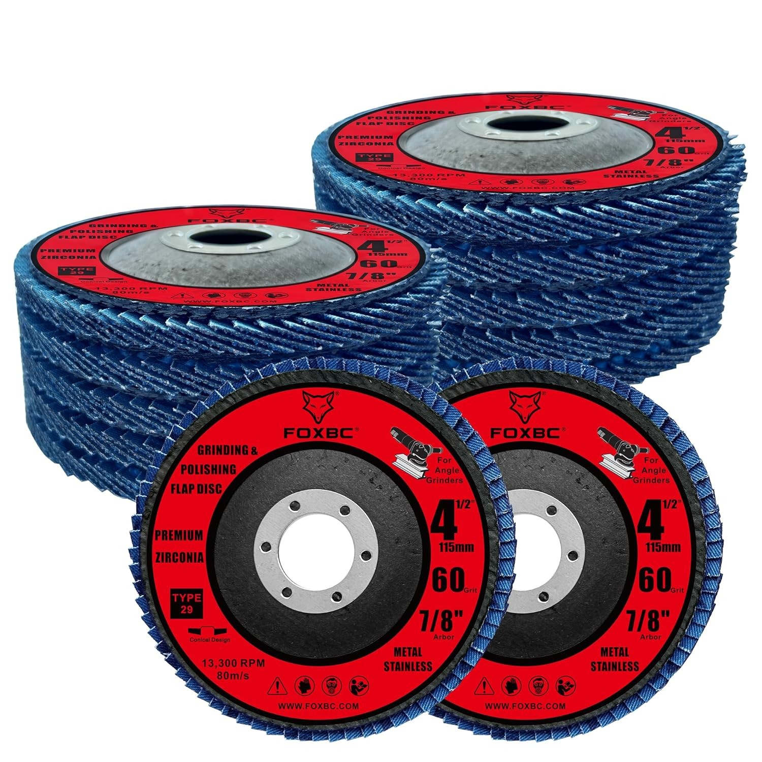 4-1/2 inch Flap Disc 60 Grit Type 29, Premium Zirconium Polishing, 10 Pack