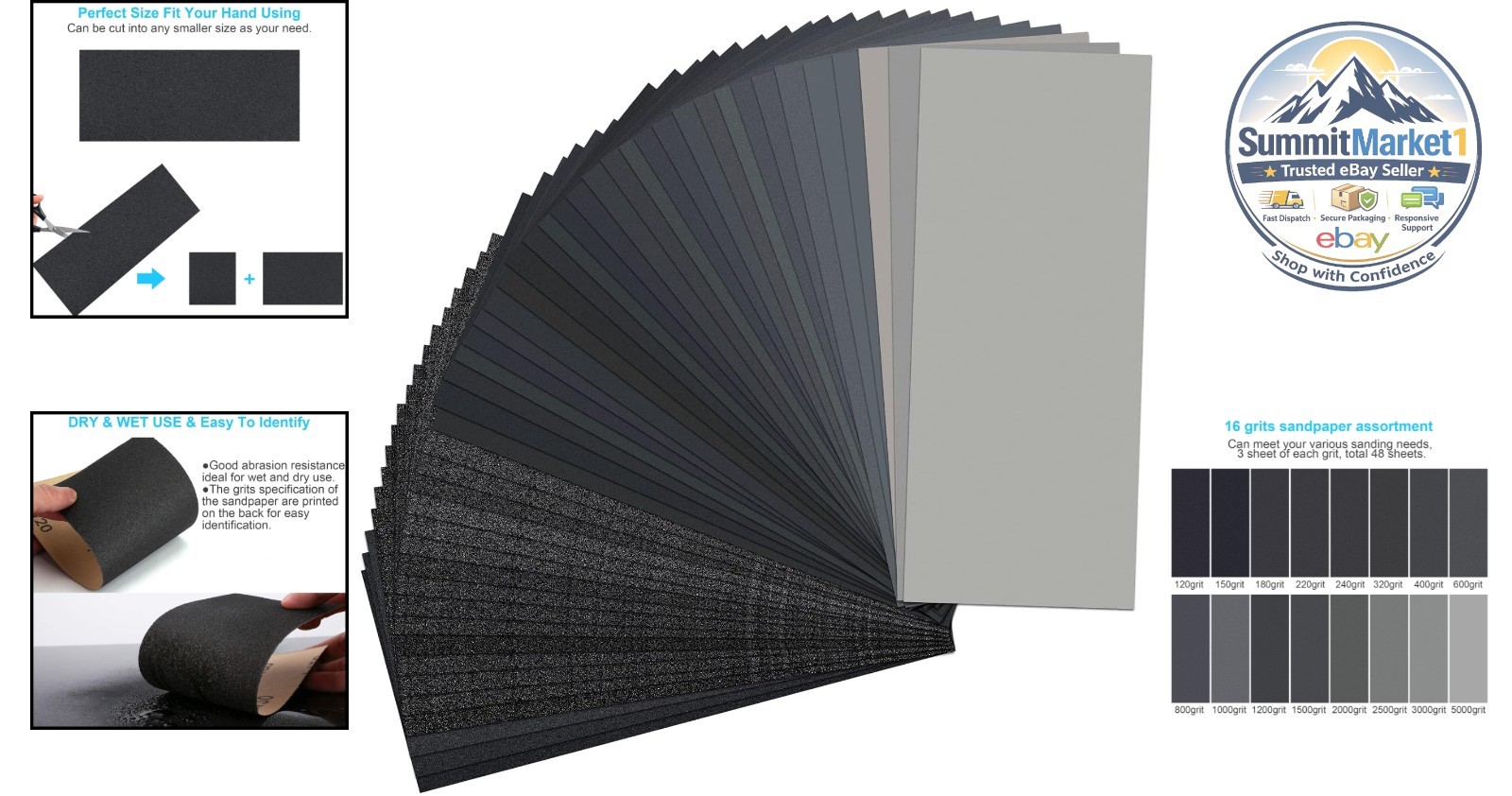 Sandpaper 48 PCS Assorted Grit 120 to 5000 Wet Dry 9 x 3.6 Inch