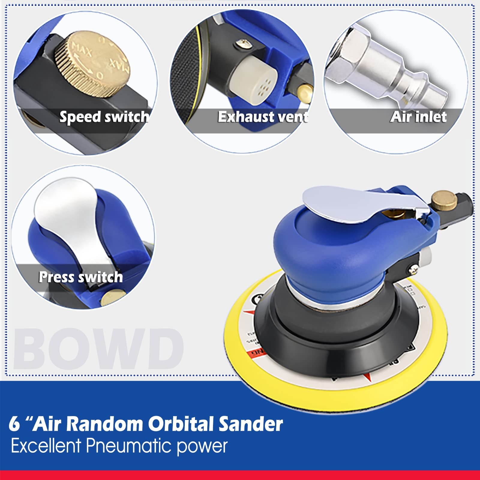 Bowd 6 Inch Air Random Orbital Sander, Pneumatic Palm Sander Tool with Blue