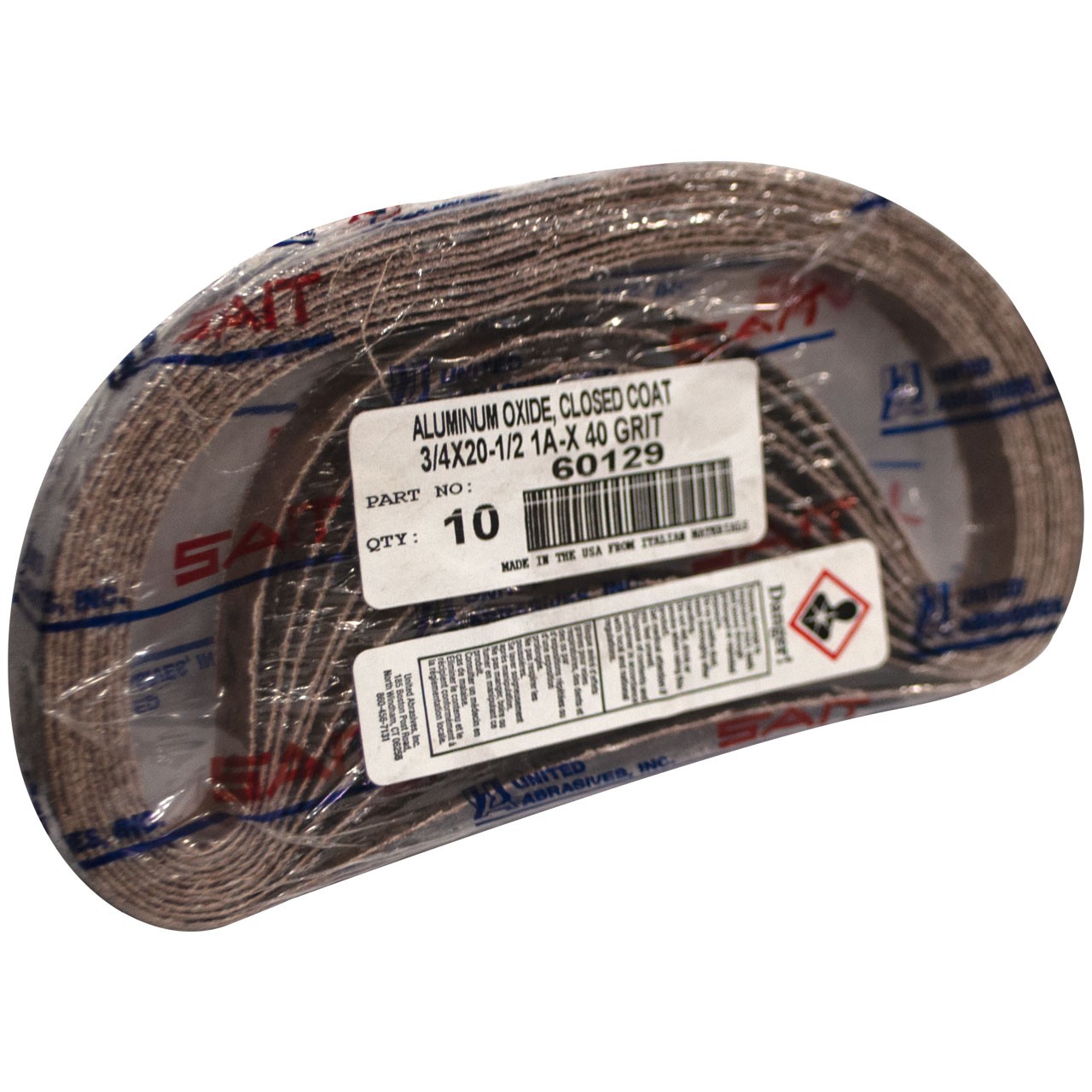 United Abrasives 60129 3/4×20-1/2 Aluminum Oxide File Sander Belt 40 Grit 10 pk