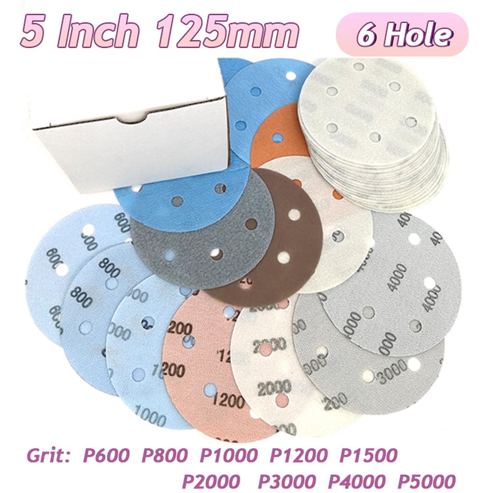 5 Inch 125mm Wet and Dry Sanding Discs Sandpaper Film Pads 600-5000 Grit 6 Hole