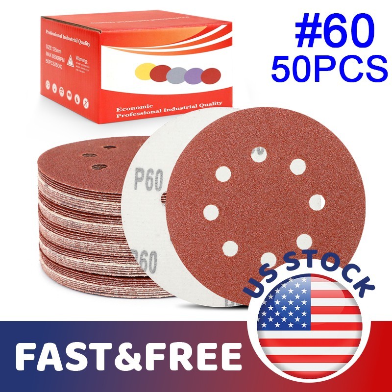 50Pc 60# Flocked Sandpaper Hook Loop Sanding Discs 8 Hole for DIY Craft Sanders