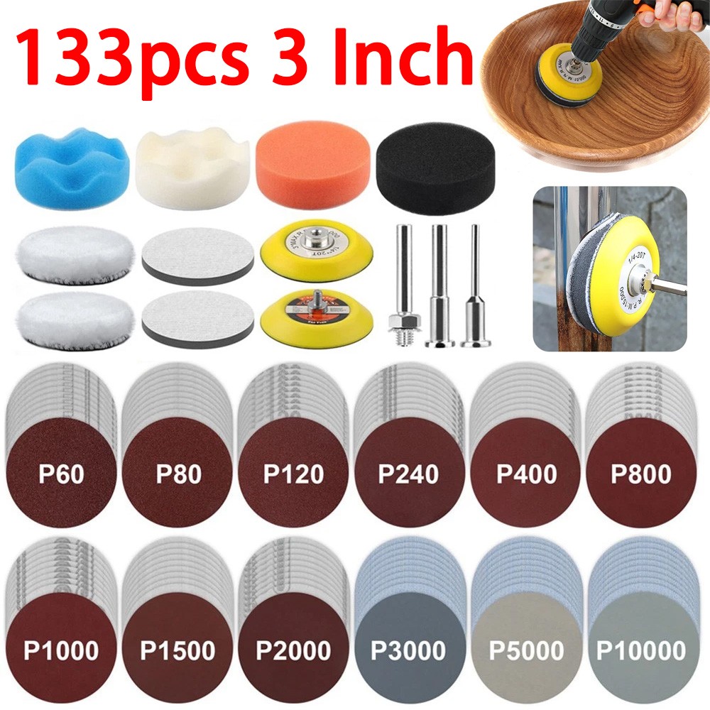 133pcs 3 Inch Sanding Disc Kit, 60-10000 Grit Wet Dry Hook & Loop Sandpaper Pads