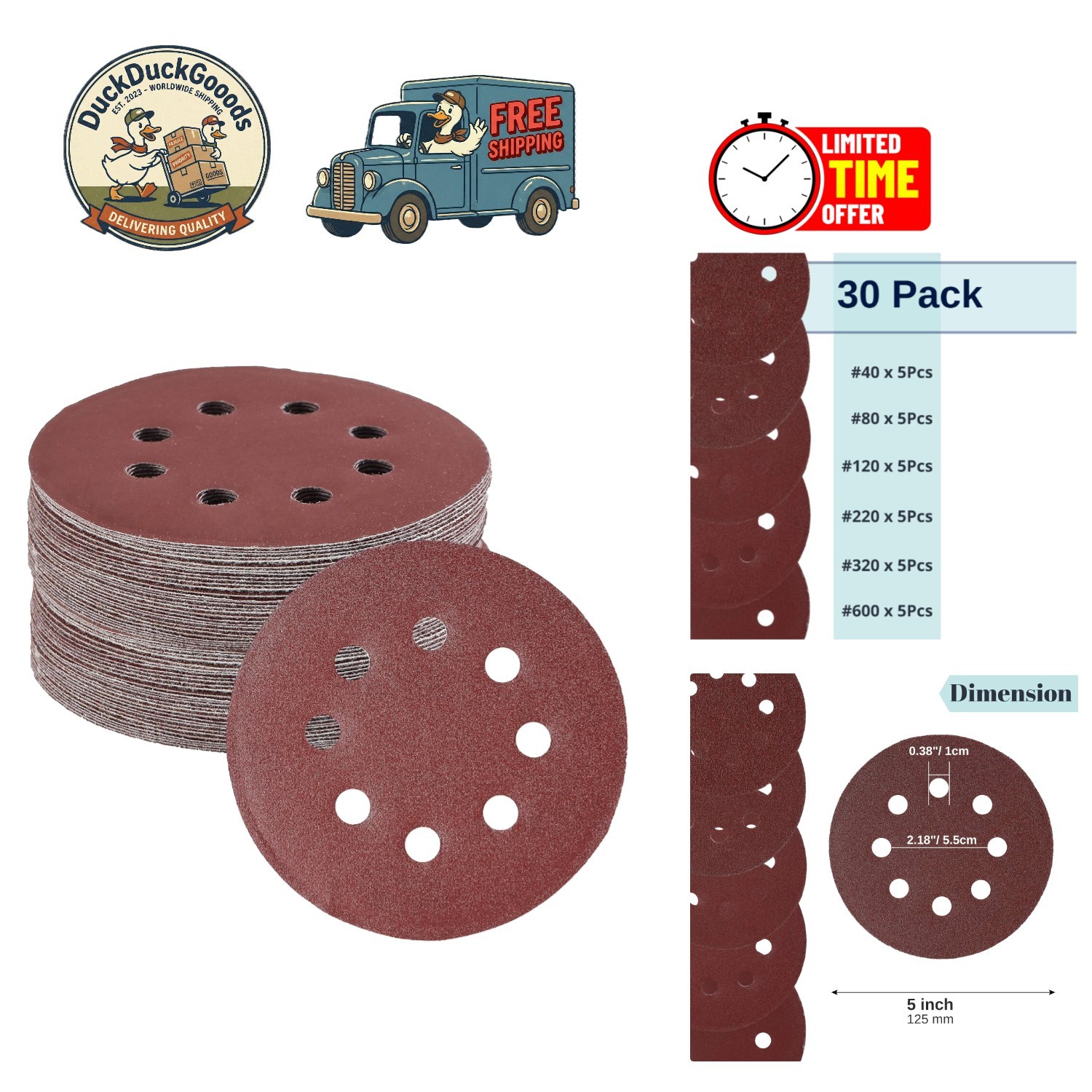 5-Inch Sanding Discs – 30 Pack with 8 Holes for Optimal Dust Extraction