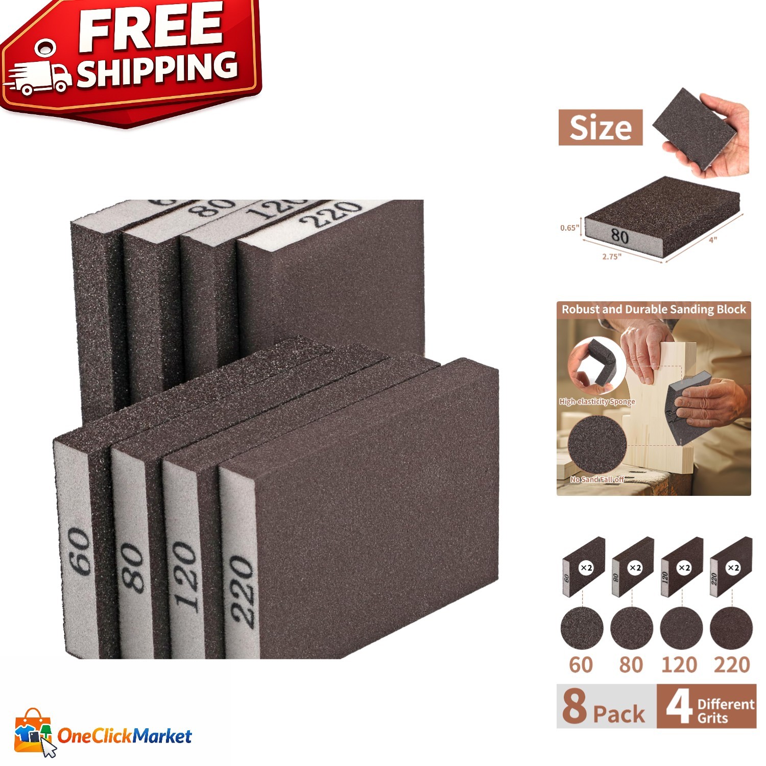 Versatile Sanding Sponge Set – 8 Pcs with 60/80/120/220 Grit for All Surfaces