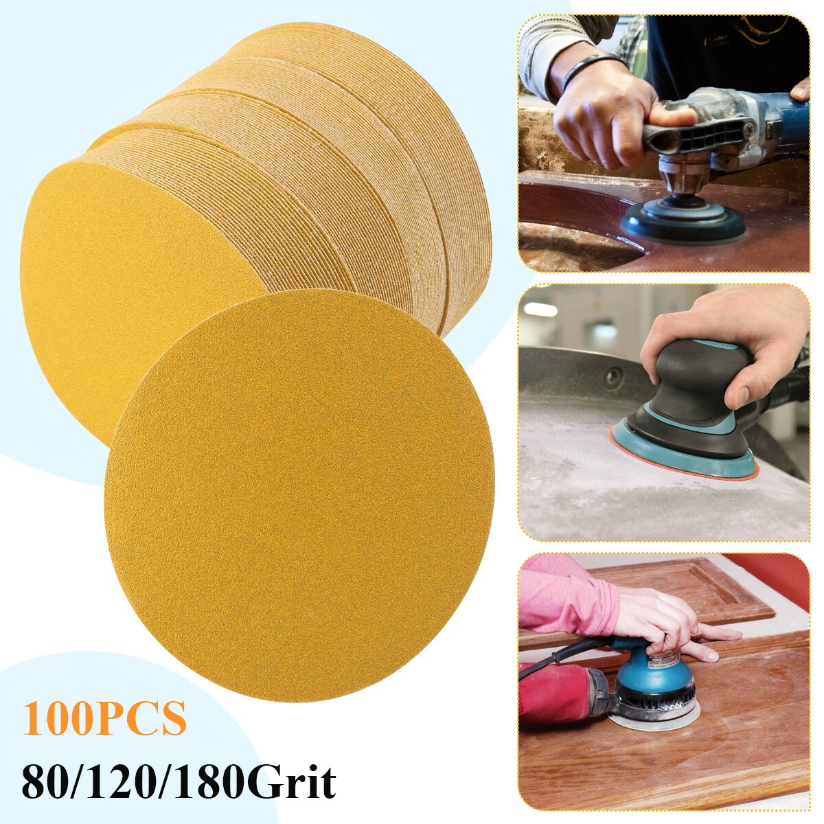 6″ Inch 80/180/220 Grit 100Pcs DA Sanding Disc PSA Sandpaper Roll -Sticky Back