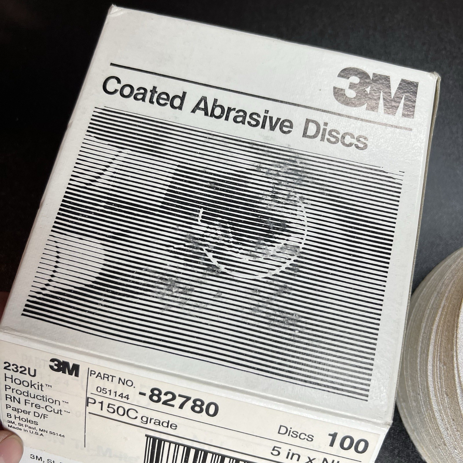 3M Abrasive Discs #82780, 232U Hookit RN Fre-Cut P150C 5″xNH, NOS box of 100
