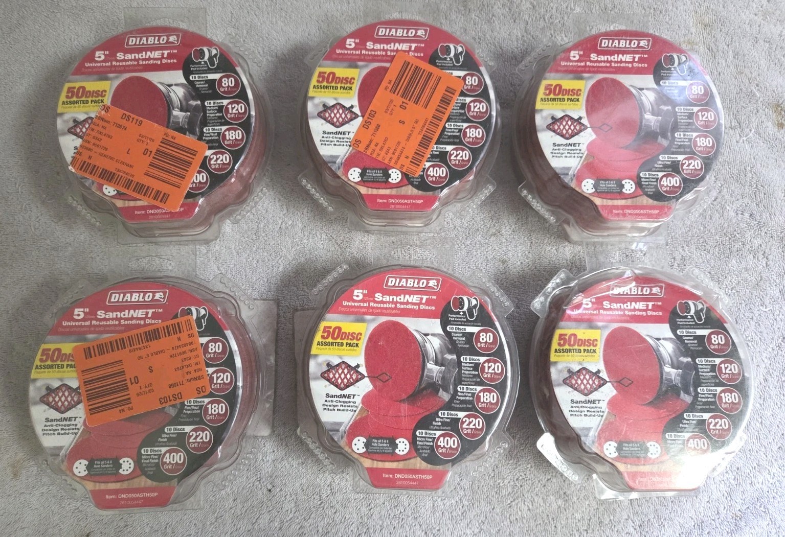 6- Diablo 5” SandNET Mesh Sanding Discs 50-Pack Assorted Grit 80-400 Sand Demon