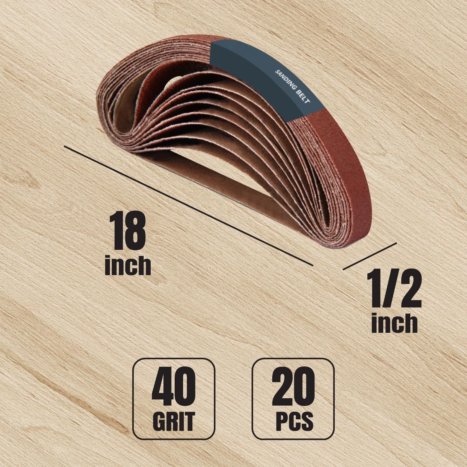 20-Pack 1/2 x 18 Inch Sanding Belts 40 Grit Aluminum Oxide Bandfile Woodworking