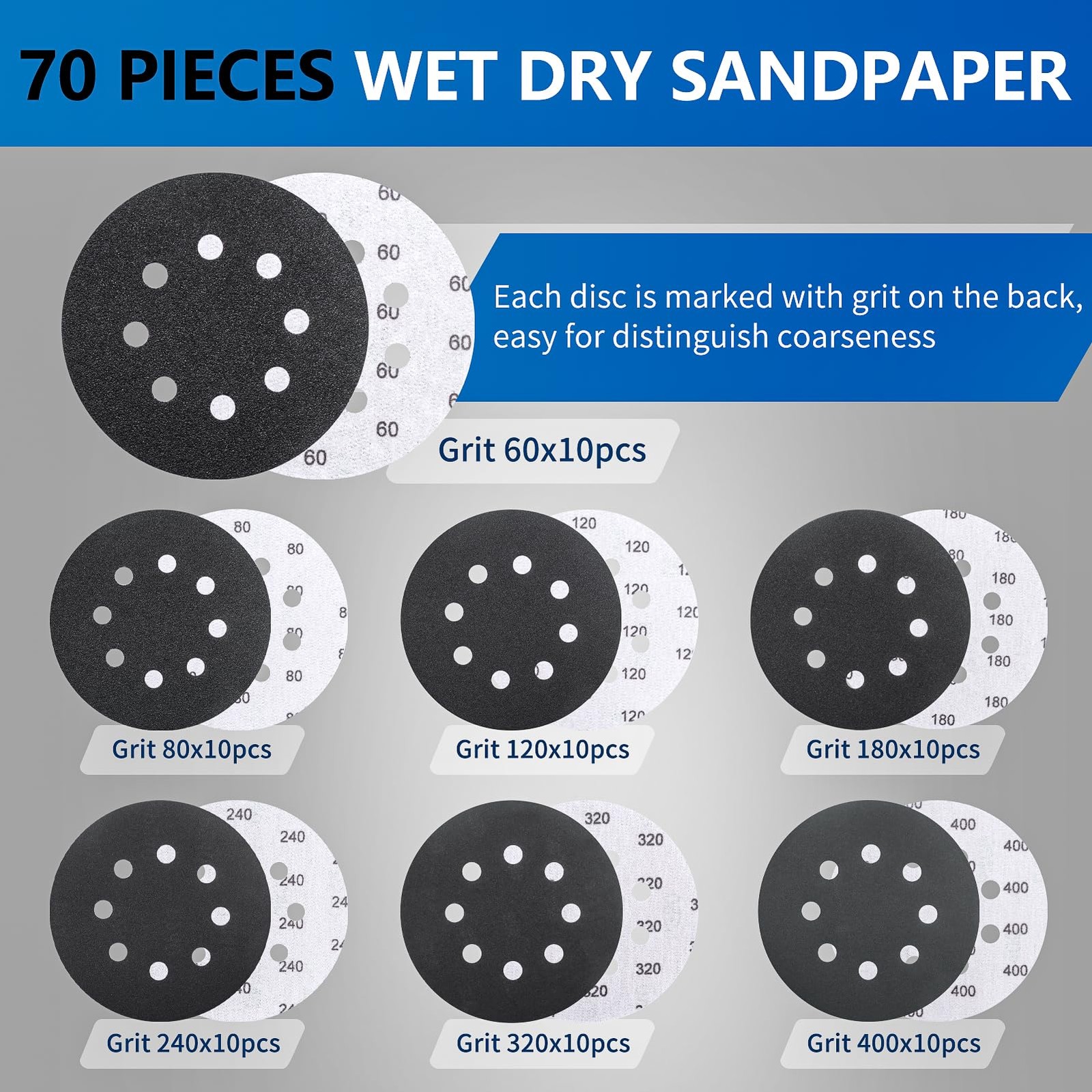 70PCS 5 Inch Hook & Loop Sanding Discs, 8 Holes 60-400 Grit