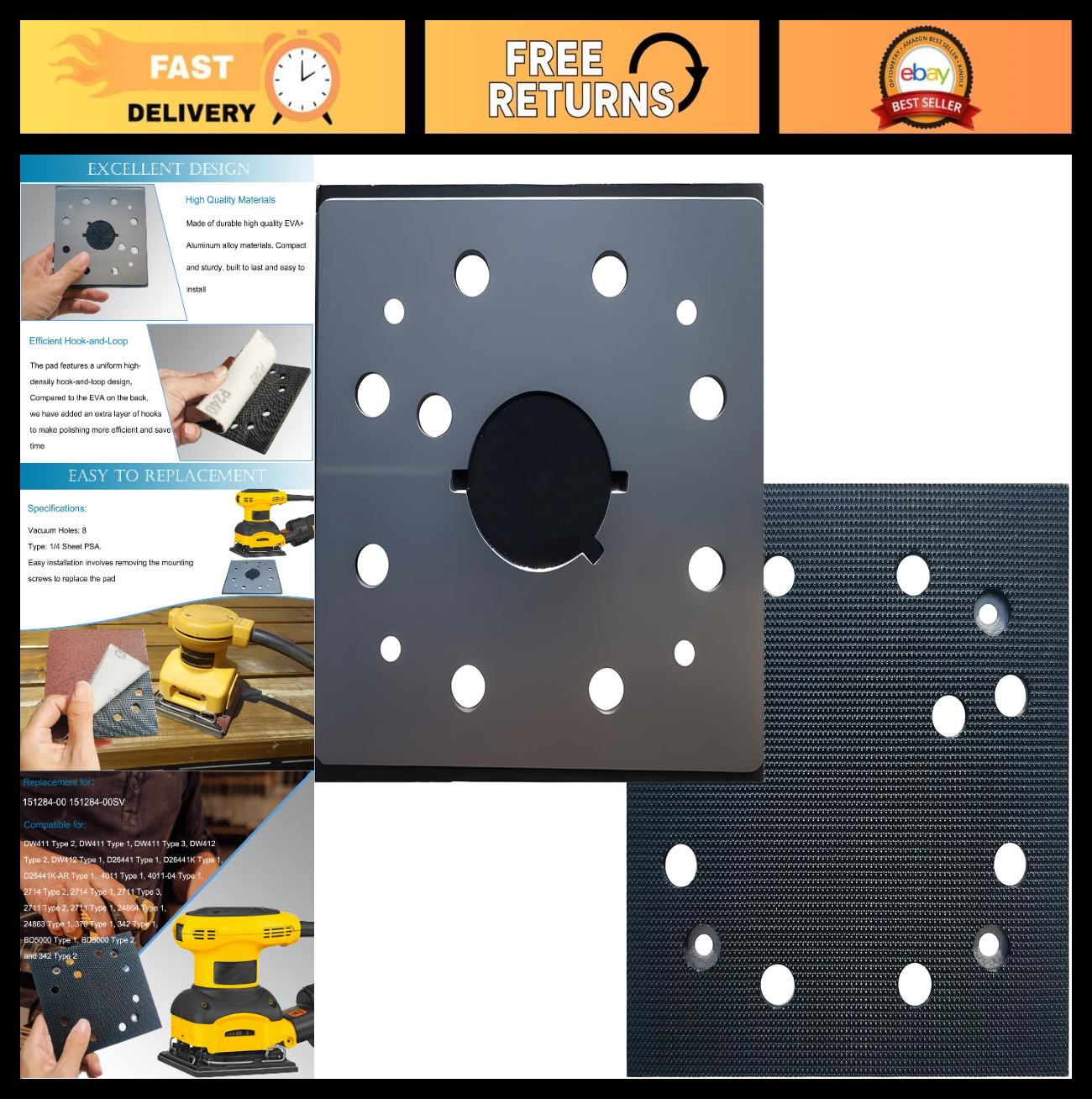 2 Pack Hook and Loop Sander Pad Replacement for 1/4 Sheet Sanders – Durable & Ef