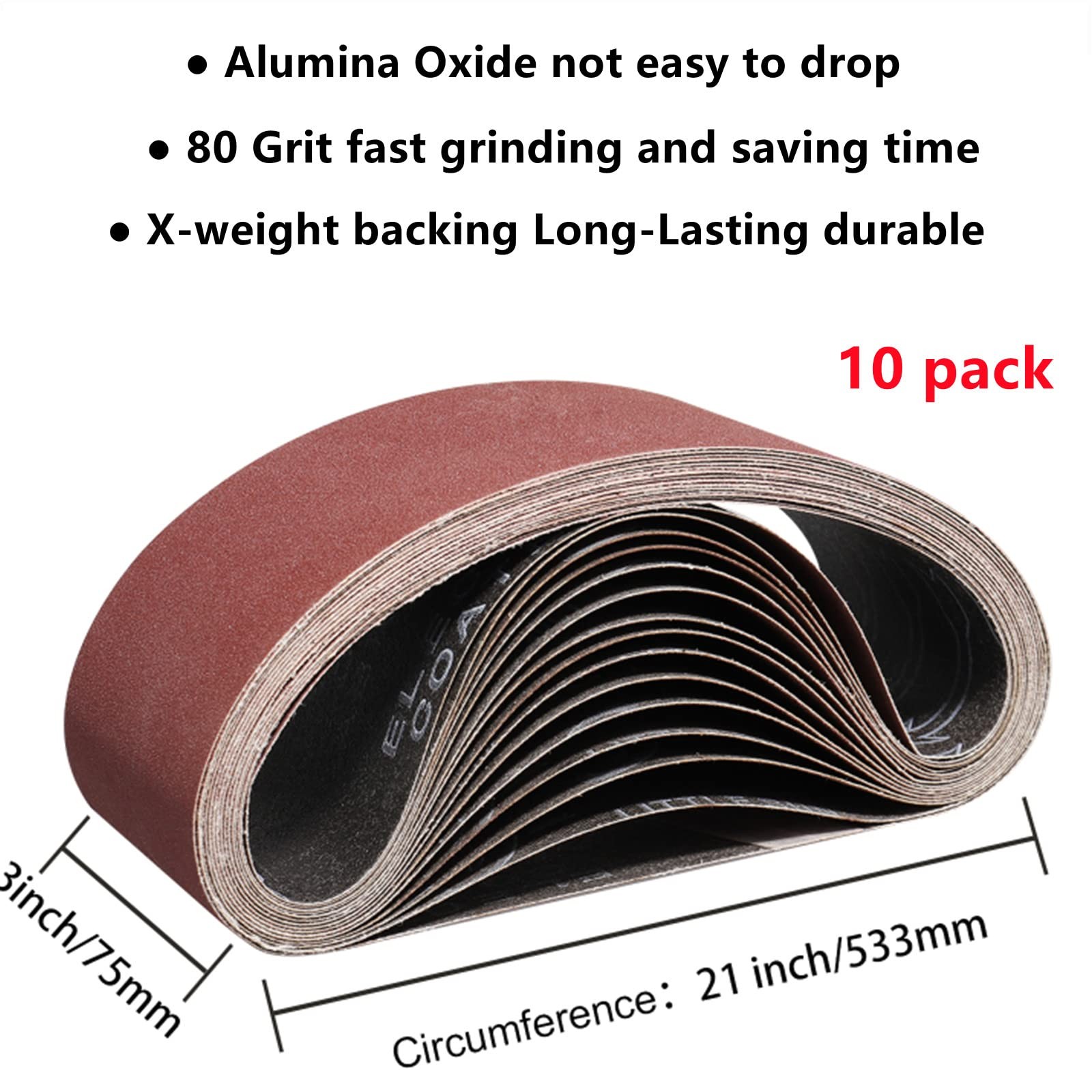 10 Pack 3×21 Inch 80 Grit Sanding Belts, Aluminum Oxide, Belt Sander Paper, Wood