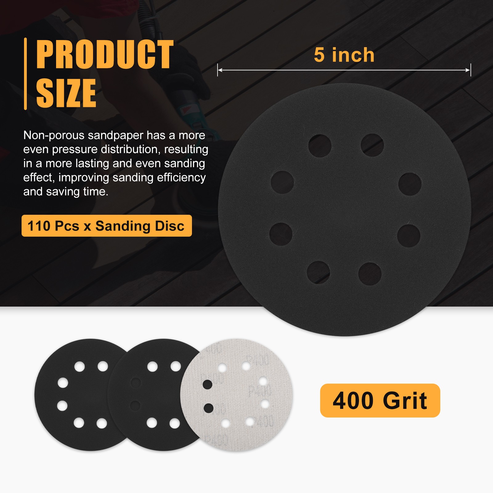 110 Pcs 5 Inch Sanding Disc 400 Grit 8 Hole Round Hook and Loop Sandpaper, Black