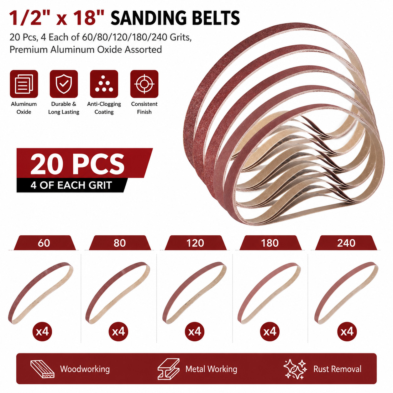 20x 1/2″ x 18″ Sanding Belts 60 80 120 180 240 Grit Aluminum Oxide for Wood Meta