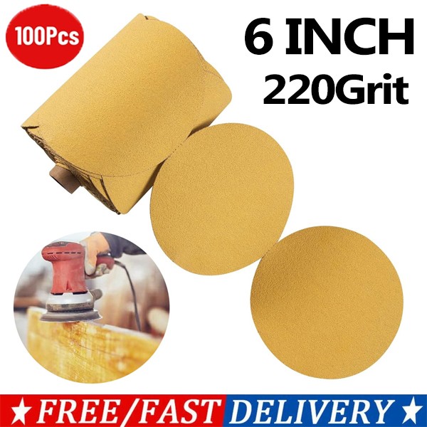 100PCS 6 inch Hook Loop Sanding Discs 220Grit Orbital DA SPA Sander Paper Pads