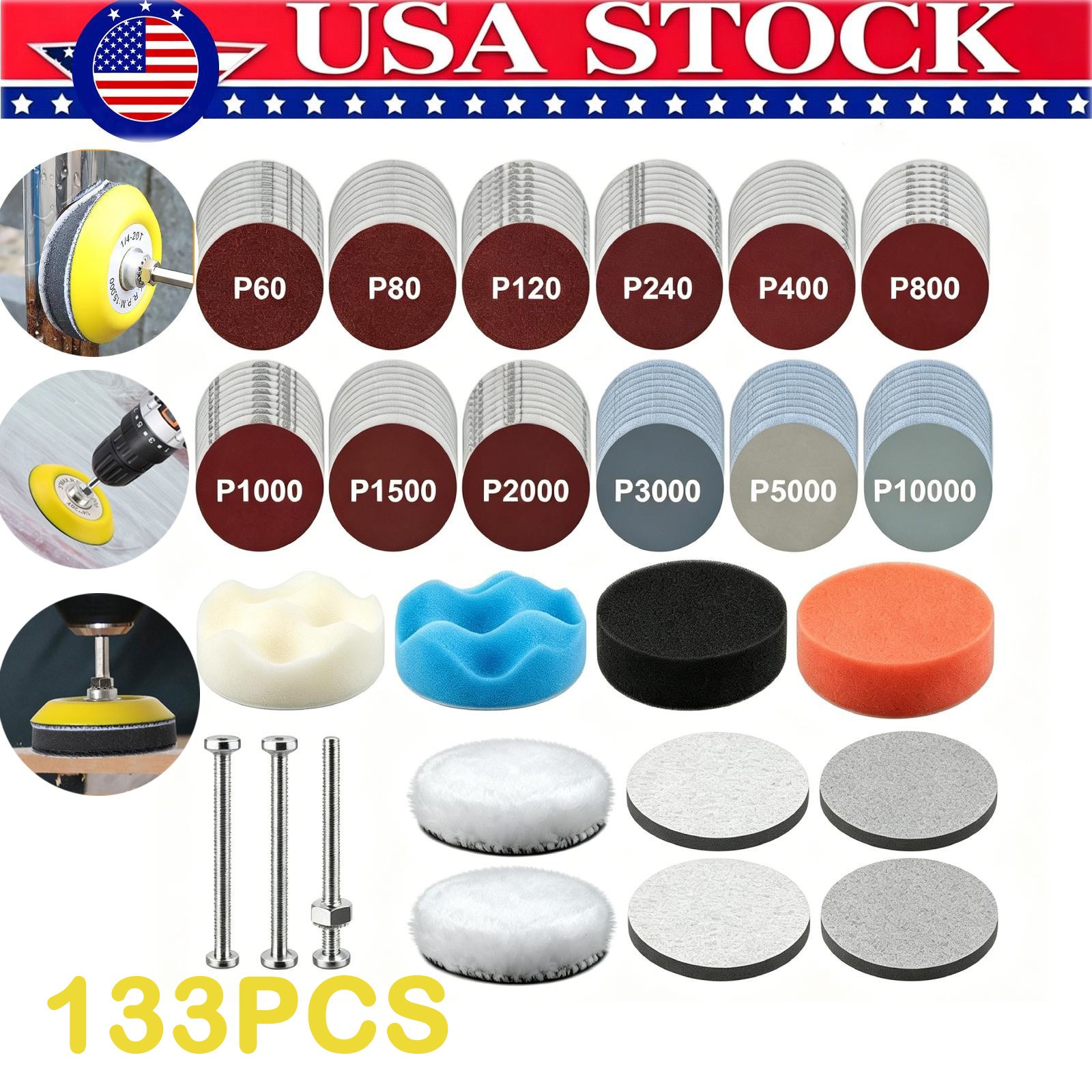 133pcs 3 Inch Sanding Disc Kit, 60-10000 Grit Wet Dry Hook & Loop Sandpaper Pads