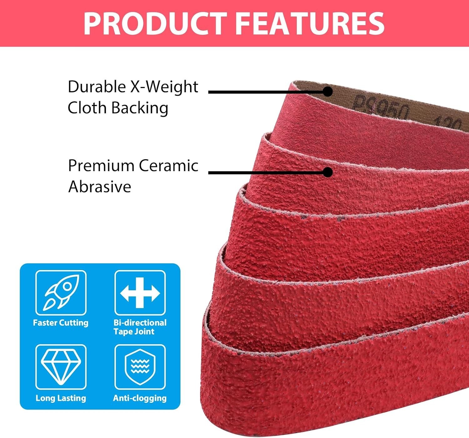 Durable 2×42 Inch Ceramic Metal Grinding Belts – 5 Pack with Mixed Grits 36-120