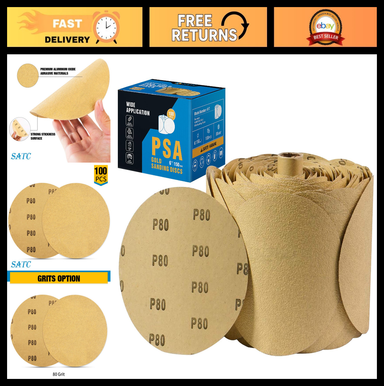 100 PCS 6″ Sanding Discs 80 Grit Adhesive Backed Sandpaper for Drill – Aluminum