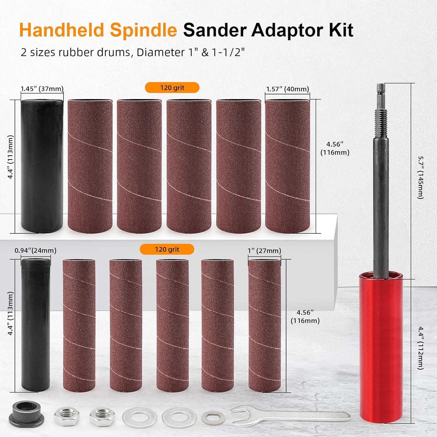 Spindle Sander Adaptor Kit Drum Sander for Drill, Handheld Rubber Sanding Drums