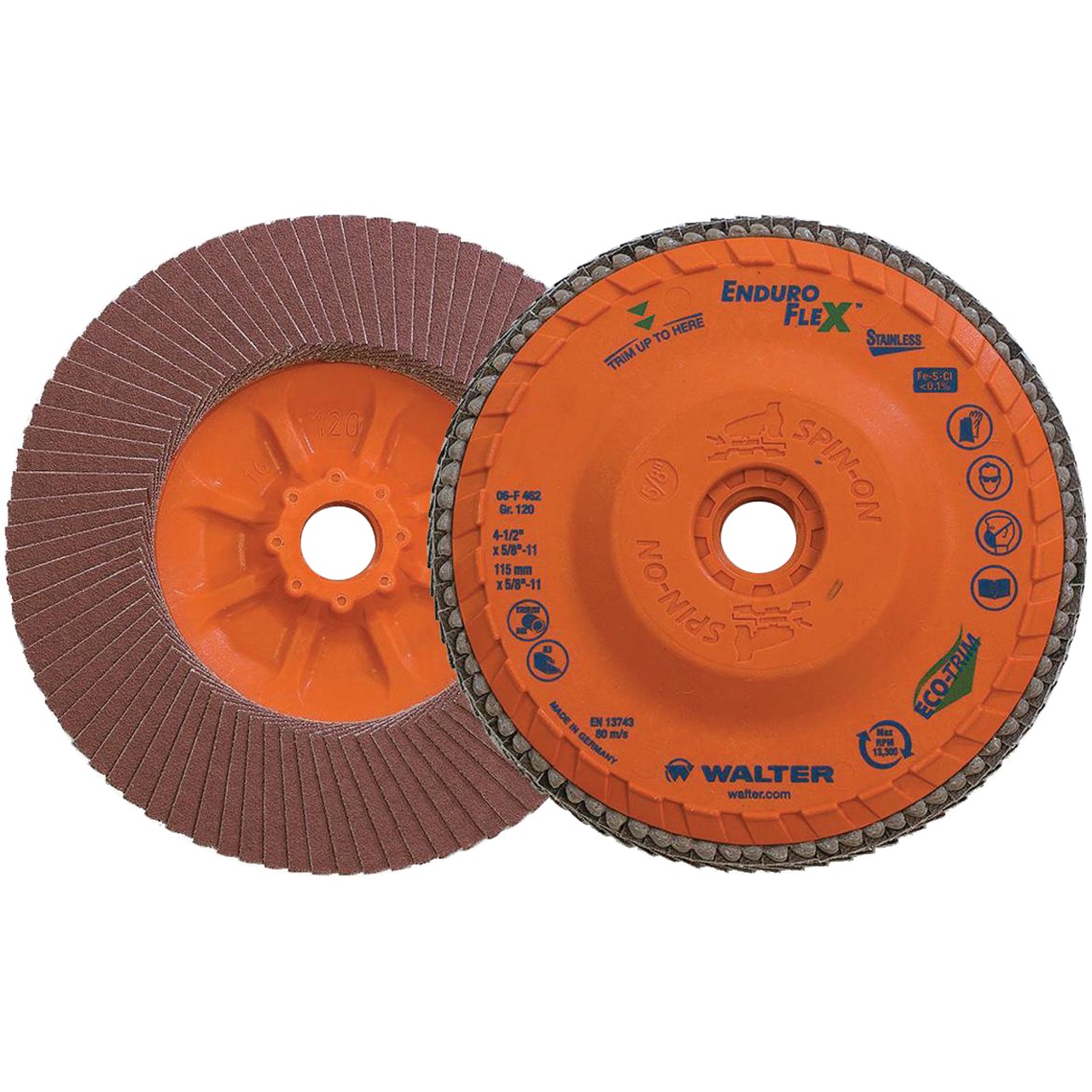 Walter 06F462 4-1/2×5/8-11 Enduro-Flex Stainless Flap Discs 120 Grit 27S 10 pack