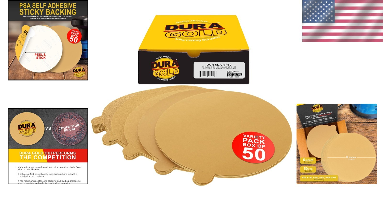 High-Performance 6″ Gold Sanding Discs Set – 50 Pieces, Ideal for Wood & Metal