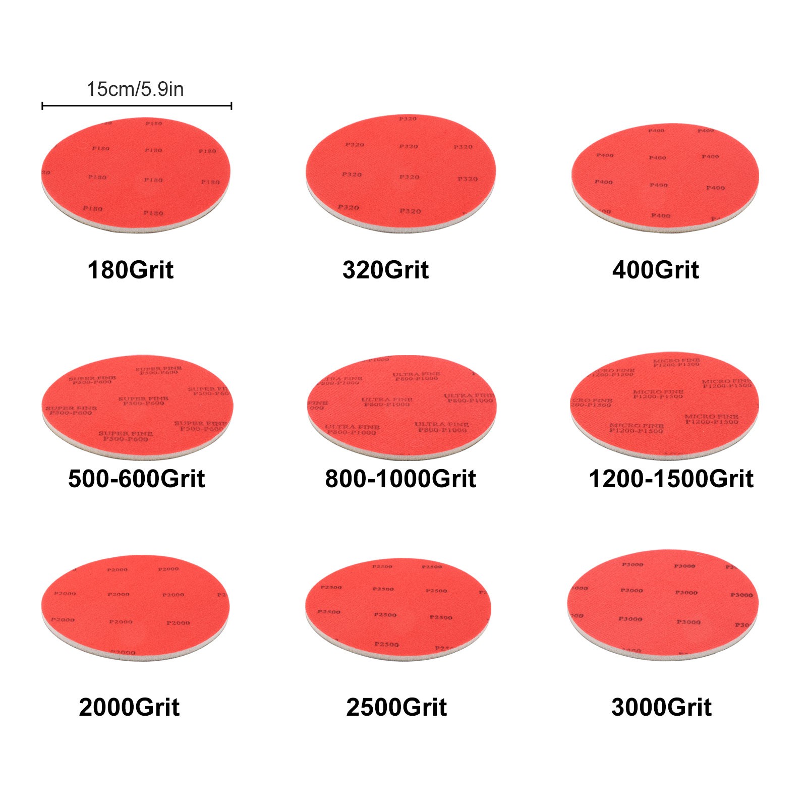 9PCS 6″ Hook & Loop Sanding Sponge Discs Wet Dry Foam Sanding Pads 180-3000 Grit
