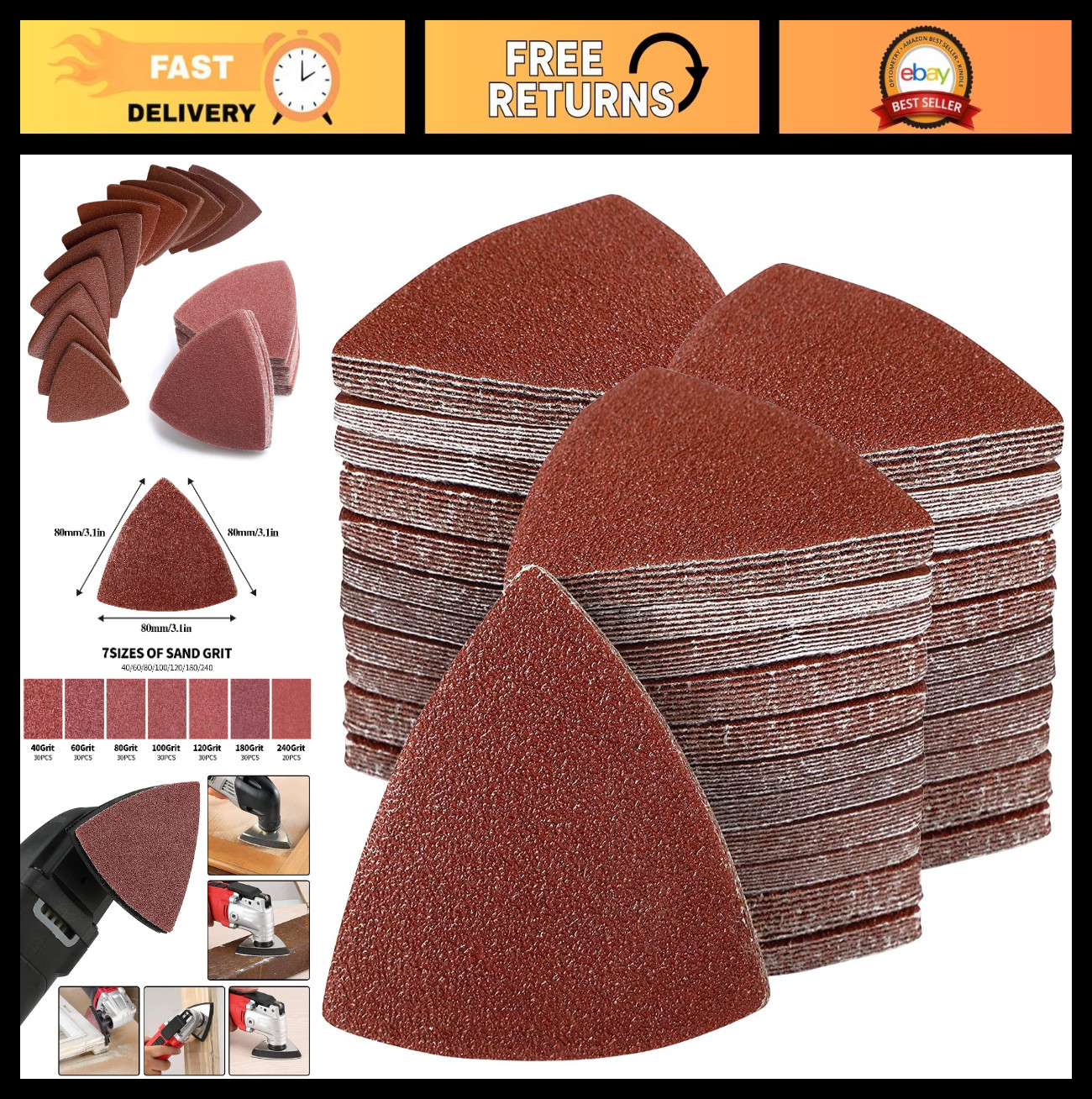 200Pcs Triangle Sanding Pads 80mm, Hook & Loop Triangular Sandpaper for Multi To