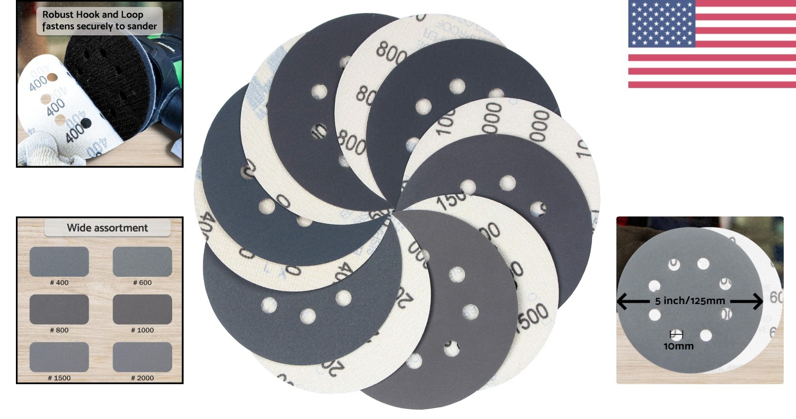 60 pcs 5 Inch Sanding Discs Hook & Loop for Orbital Sander with Tack Cloth