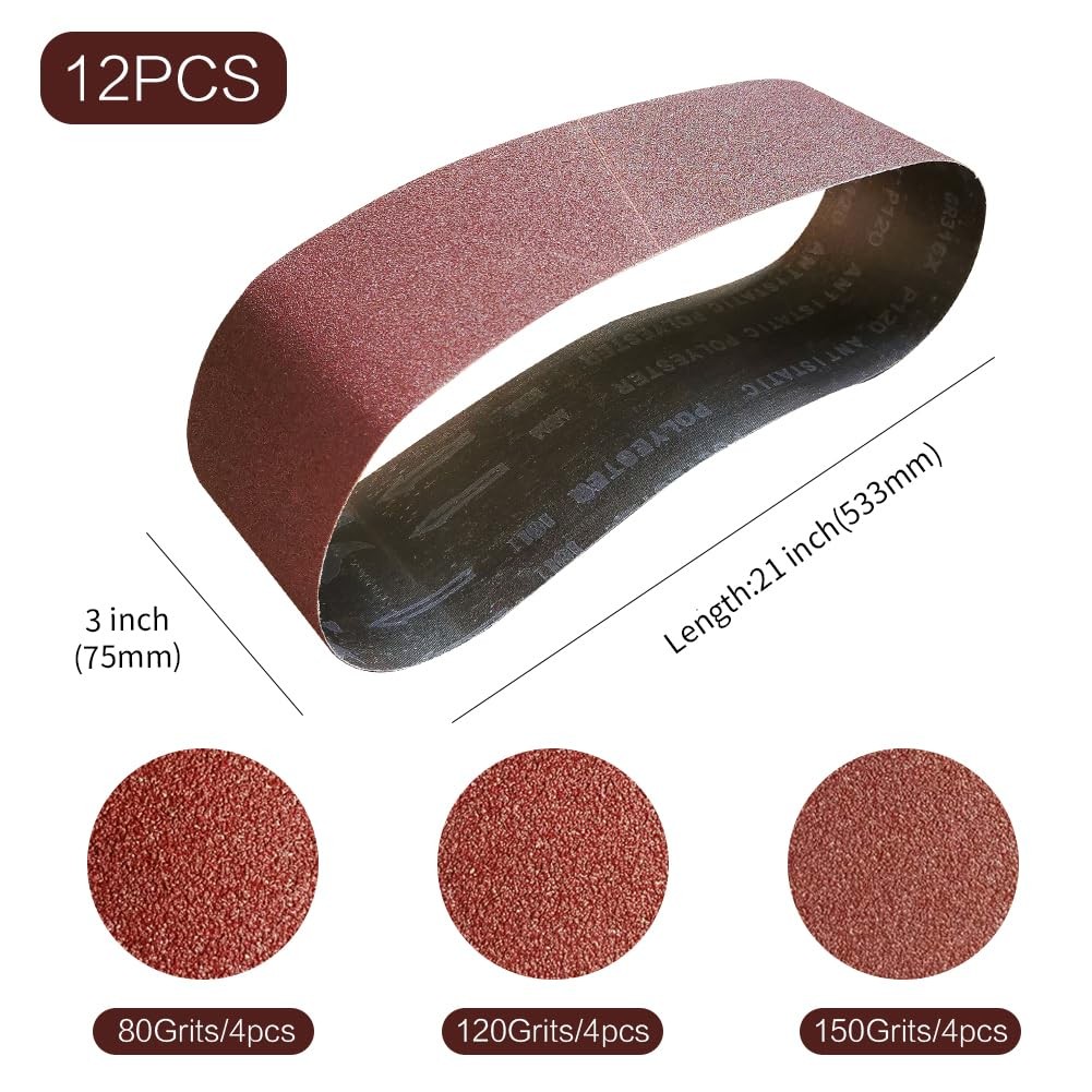 3×21 3 x 21 Inch Sanding Belt Pack 3-Inch x 21-Inch,12 Pcs(4 Each 3x21in, Red
