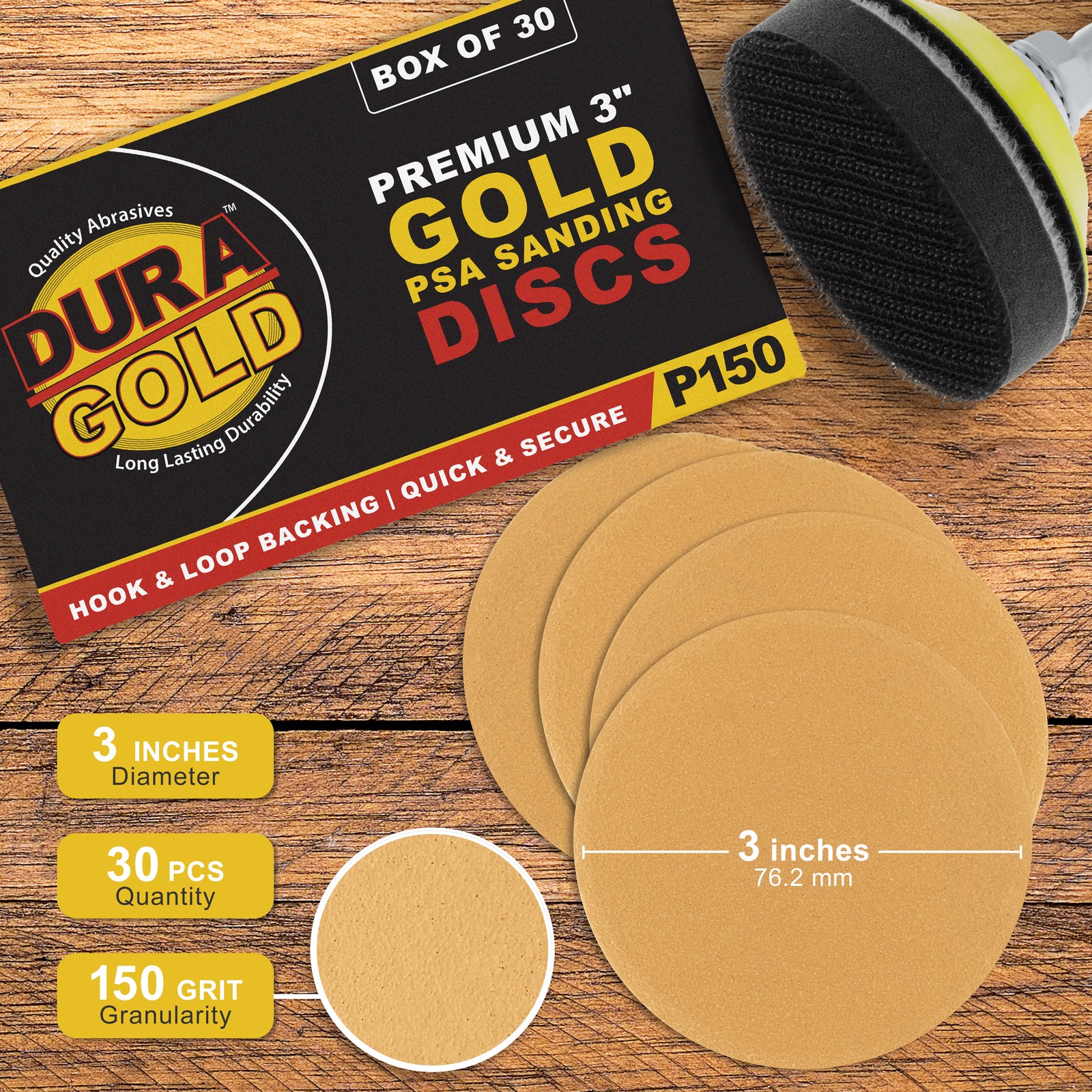 Dura-Gold 150 Grit 3″ Gold Hook & Loop Sanding Discs for DA Sanders – Box of 30
