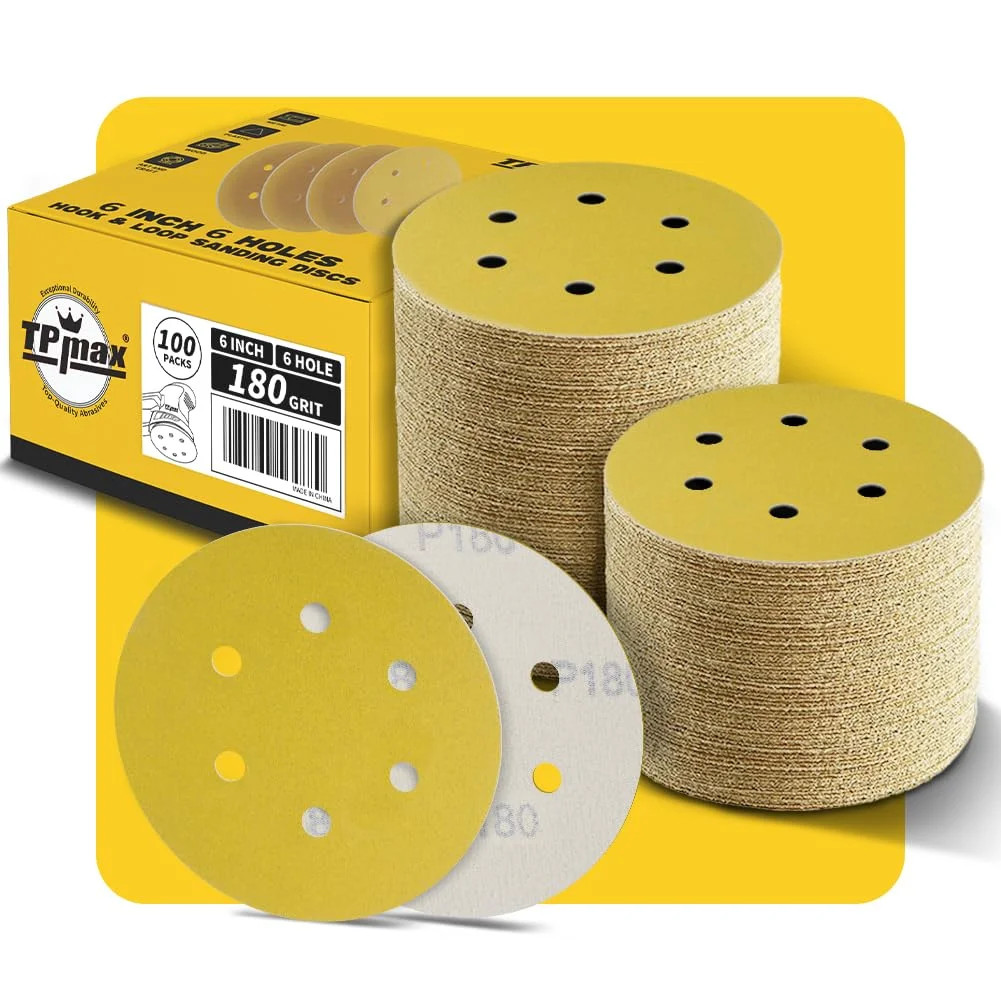 100PCS 6 Inch 180 Grit 150mm 6 Hole Sanding Discs Sandpaper – Premium Gold Round