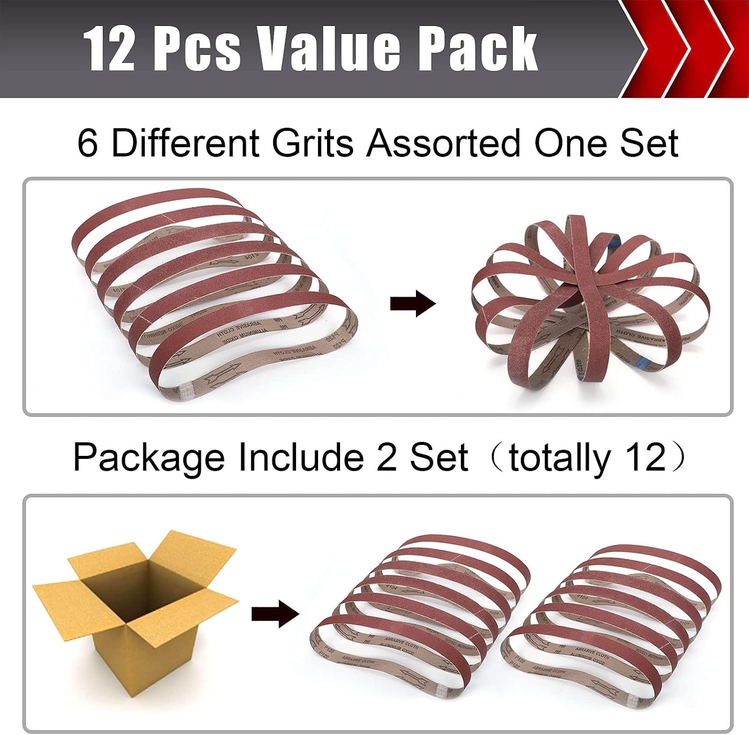 Assorted Grit Sanding Belts 12 Pack for Belt Sander Woodworking Metal Polishing