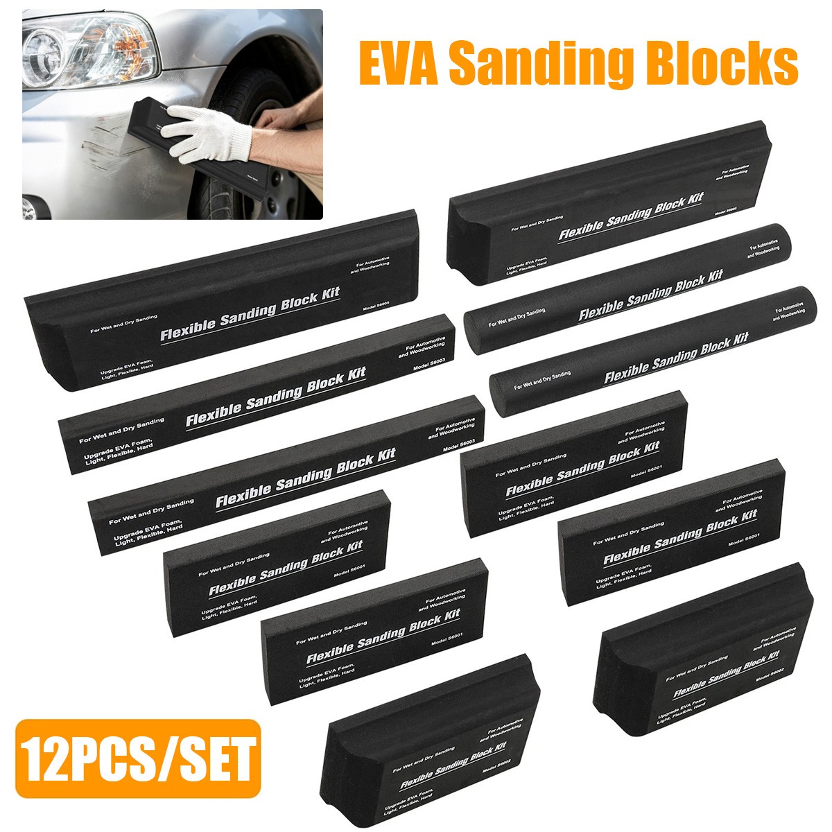12PCS Sanding Block Kit Flexible EVA Foam Wet or Dry for Automotive or Woodwork