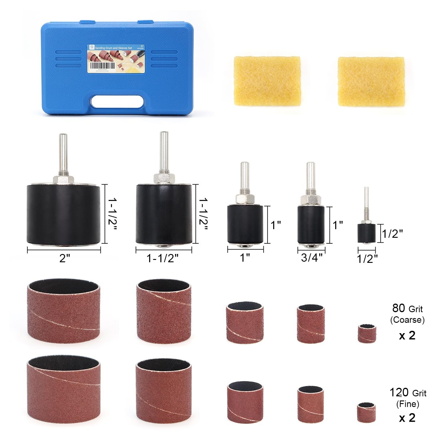 Sanding Drum and Sleeves Set 1-1/2’’1’’ 1/2’’ with 2 Rubber Erasers Drill San…